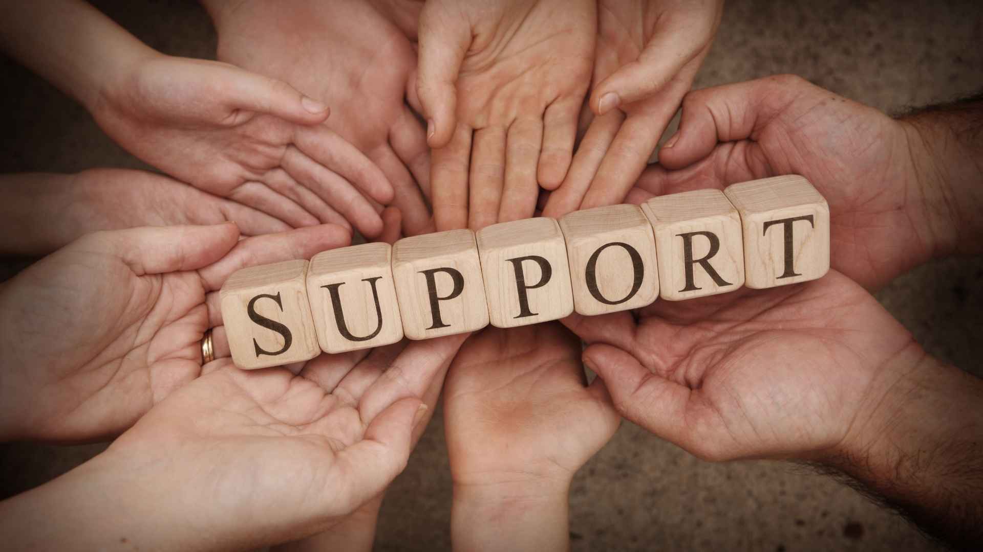 the word support being held by many hands