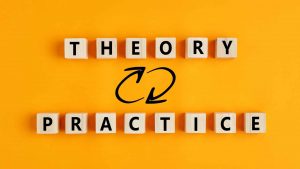 the words theory and practice with circular arrows